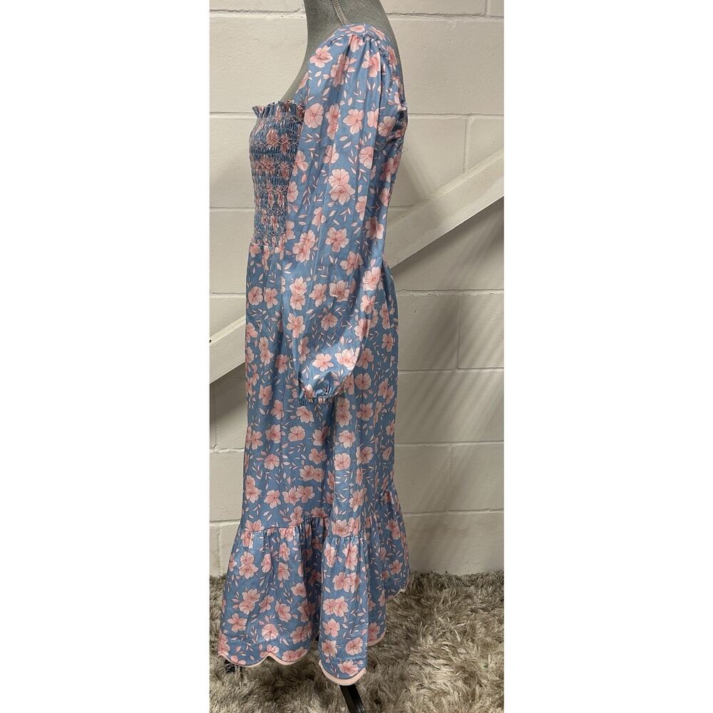 Dondolo Blue Pink Floral Smocked Scallop Hem Midi Dress Woman’s Size Large - Picture 3 of 11
